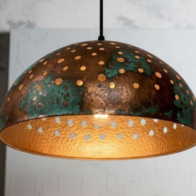 Handmade Copper Dome Pendant Lamp: green patina Rustic Light