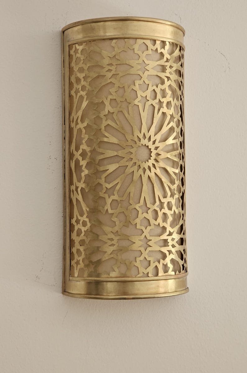 Moroccan Brass Wall Sconce Handcut Geometric Zellige Pattern Light