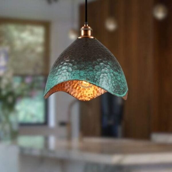 Hammered Turquoise Patina Copper Tulip Pendant Light Modern Rustic Kitchen Lamp
