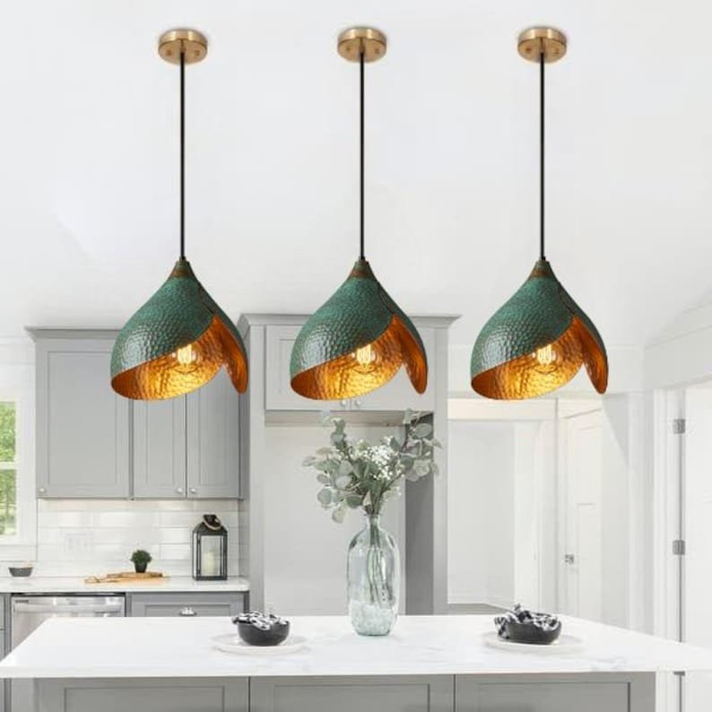 Handmade Oxidized Copper Pendant Light, Green Patina Copper Dome Pendant Light, Farmhouse Kitchen Ceiling Lamp Fixture