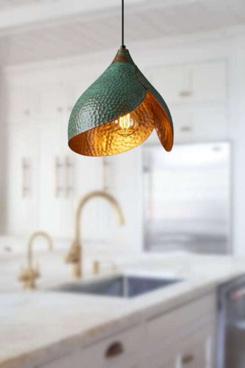 Handmade Oxidized Copper Pendant Light, Green Patina Copper Dome Pendant Light, Farmhouse Kitchen Ceiling Lamp Fixture