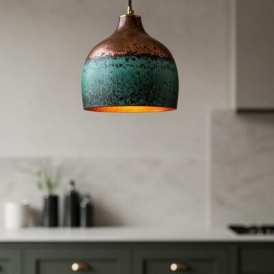 Handmade Hammered Copper Dome Pendant Light: Green Patina Rustic Chandelier