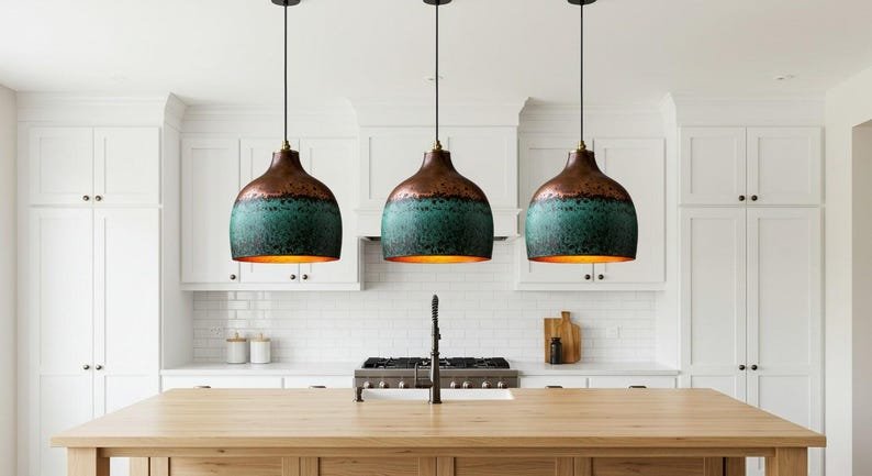 Handmade Hammered Copper Dome Pendant Light: Green Patina Rustic Chandelier