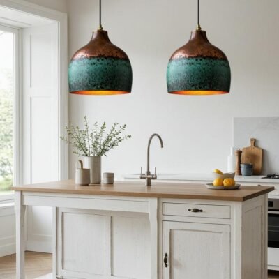Handmade Hammered Copper Dome Pendant Light: Green Patina Rustic Chandelier