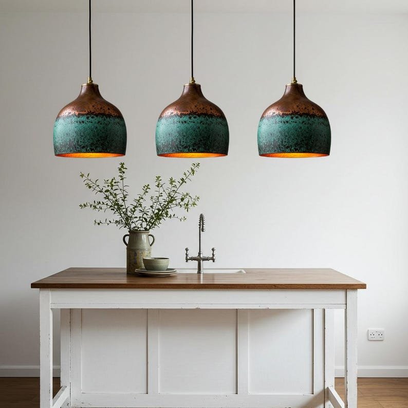 Handmade Hammered Copper Dome Pendant Light: Green Patina Rustic Chandelier