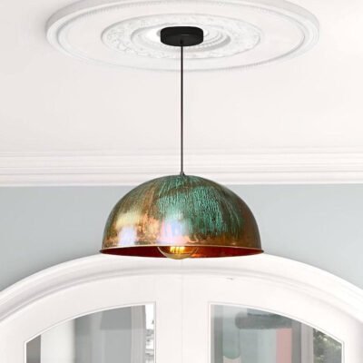 Set of 3 Green patina copper dome pendant light-oxidized turquoise patina with copper interior -modern kitchen island - vintage hanging lamp