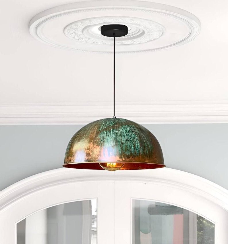 Set of 3 Green patina copper dome pendant light-oxidized turquoise patina with copper interior -modern kitchen island - vintage hanging lamp