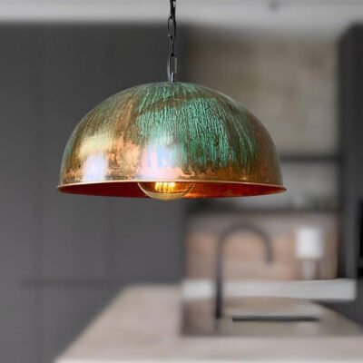 Set of 3 Green patina copper dome pendant light-oxidized turquoise patina with copper interior -modern kitchen island - vintage hanging lamp