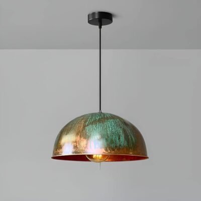 Set of 3 Green patina copper dome pendant light-oxidized turquoise patina with copper interior -modern kitchen island - vintage hanging lamp