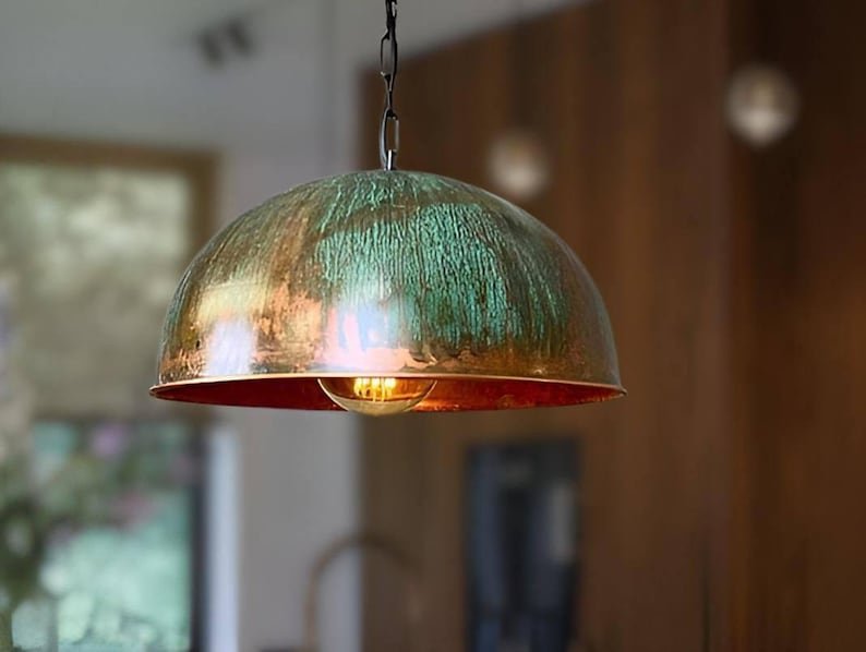 Set of 3 Green patina copper dome pendant light-oxidized turquoise patina with copper interior -modern kitchen island - vintage hanging lamp