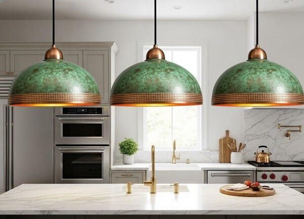 Green Patina Brass Dome Pendant Light with Perforated Band
