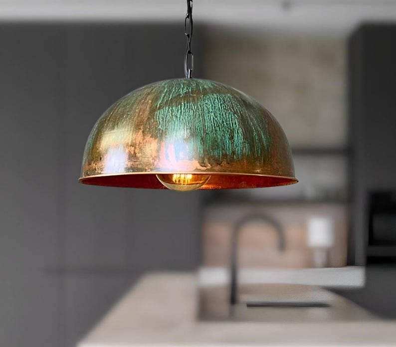 Verdigris Patina Copper Dome Pendant Light – Artisan Kitchen Lighting