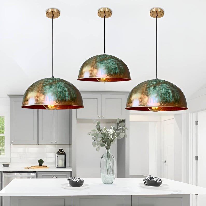 Verdigris Patina Copper Dome Pendant Light – Artisan Kitchen Lighting