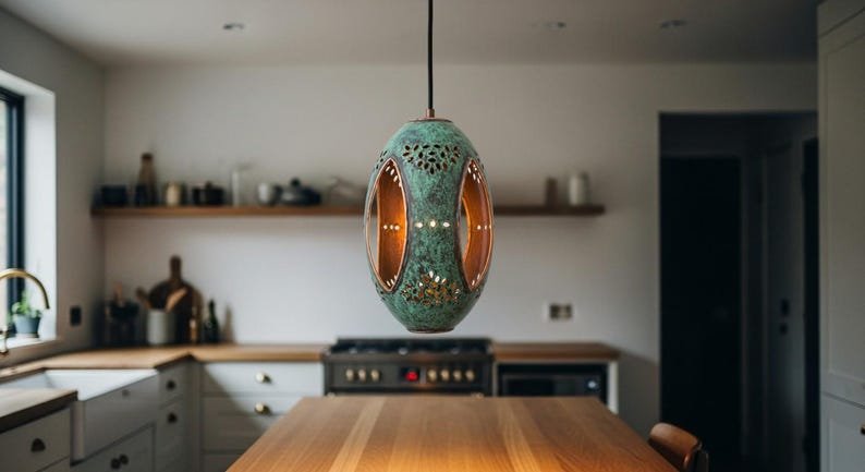 Green Patina Brass Pendant Light: Moroccan Boho Hanging Lamp