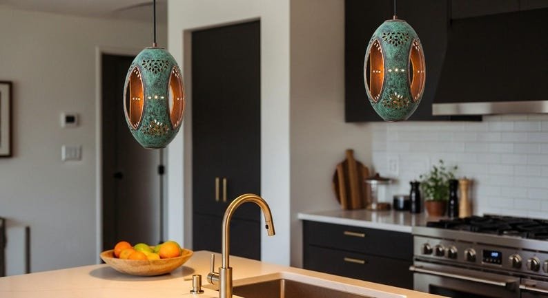 Green Patina Brass Pendant Light: Moroccan Boho Hanging Lamp