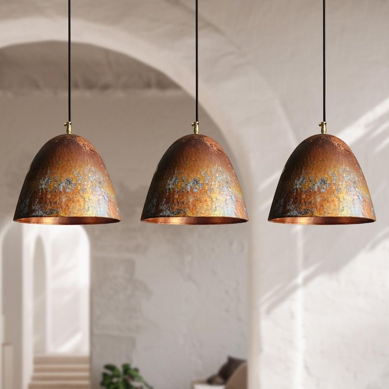 Aged Copper Pendant Set of 3 – Handcrafted Dome Lights Trio for Vintage Kitchen or Dining Room Ceiling