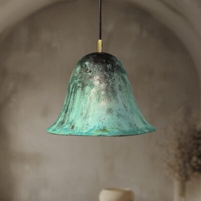Handmade Oxidized Bell Shaped Copper Pendant Light, Green Patina Copper Dome Pendant Light, Farmhouse Kitchen Ceiling Lamp Fixture