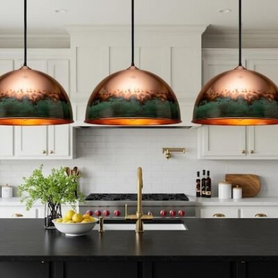 Handcrafted Hammered Brass Dome Pendant Light: Green Patina Copper Finish