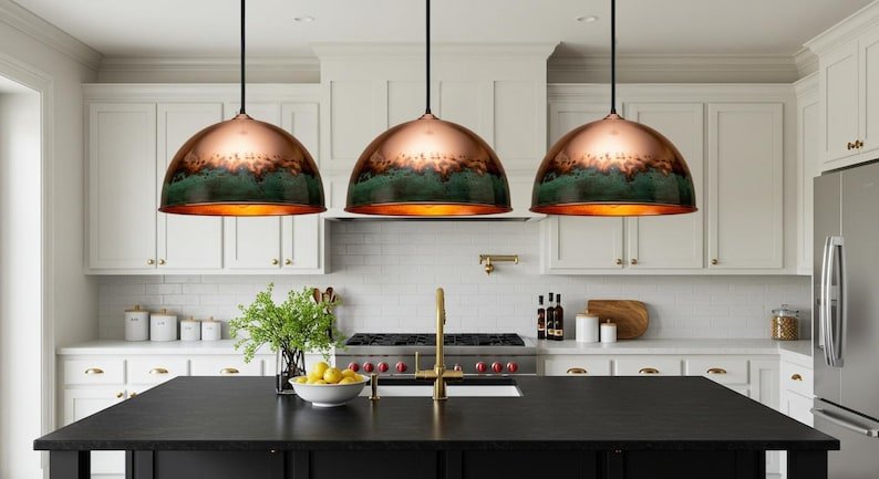 Handcrafted Hammered Brass Dome Pendant Light: Green Patina Copper Finish