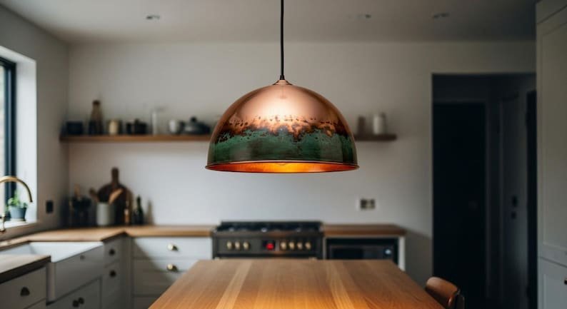 Two-Tone Green Patina Copper Dome Modern Farmhouse Kitchen Pendant