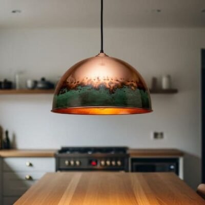 Handcrafted Hammered Brass Dome Pendant Light: Green Patina Copper Finish