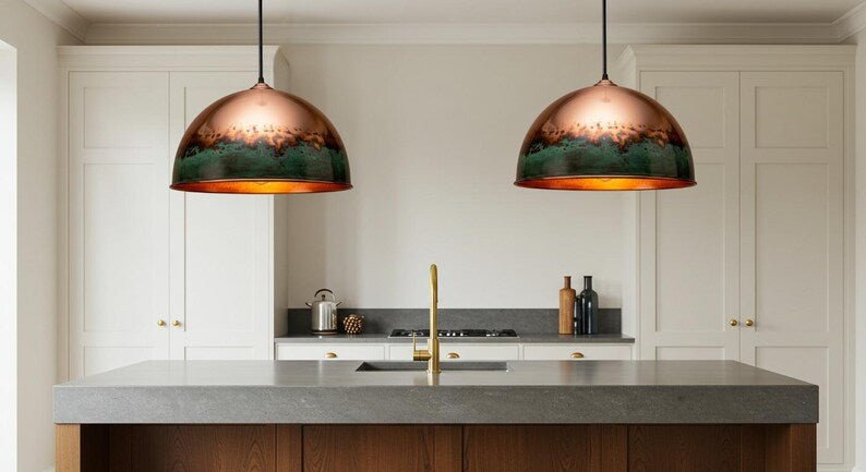 Handcrafted Hammered Brass Dome Pendant Light: Green Patina Copper Finish