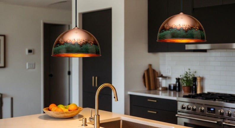 Handcrafted Hammered Brass Dome Pendant Light: Green Patina Copper Finish