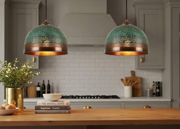 Green Patina Moroccan Dome Pendant Perforated Copper Ceiling Light