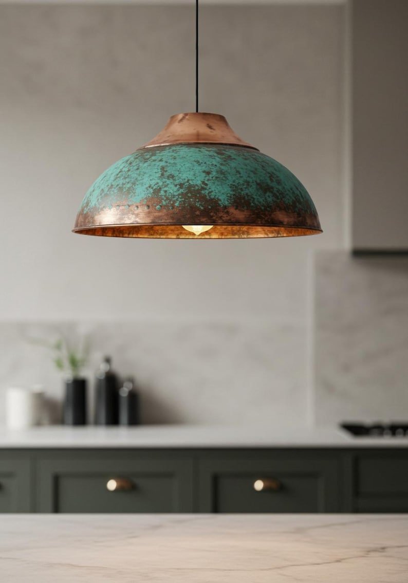 Handmade Oxidized Copper Dome Pendant Light: Industrial Farmhouse Lighting