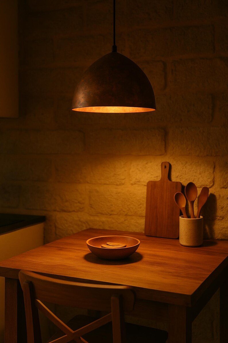 Rustic Luxury Bathroom with Moroccan Copper Pendant Light