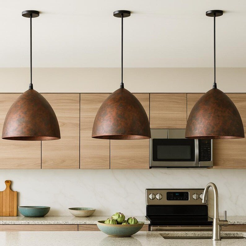 Rustic Luxury Bathroom with Moroccan Copper Pendant Light