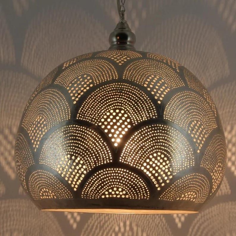 Bronze Pendant Light Fixture – Moroccan Brass Globe Ceiling Lamp, Handmade Hanging Lighting