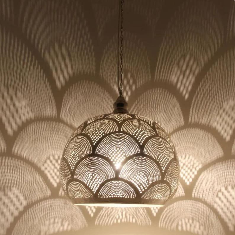 Bronze Pendant Light Fixture – Moroccan Brass Globe Ceiling Lamp, Handmade Hanging Lighting