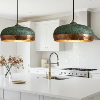products-MoroccanFarmhouseLighting8 Green Patina Copper Dome Pendant Light Rustic Ceiling Lamp