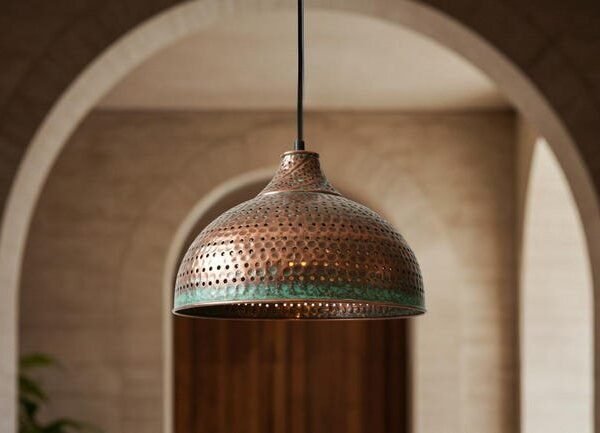 Perforated Copper Patina Dome Rustic Moroccan Pendant Light