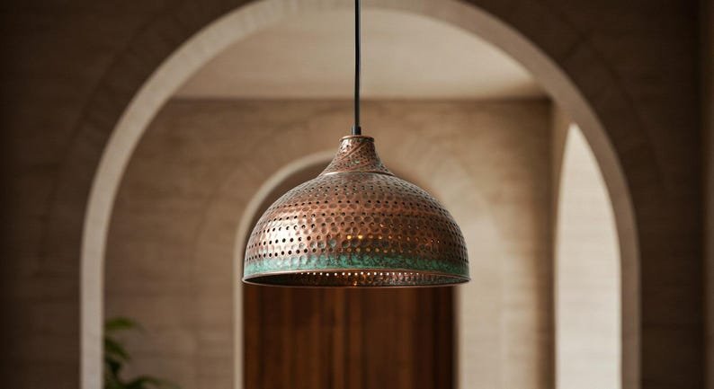 Perforated Copper Patina Dome Rustic Moroccan Pendant Light