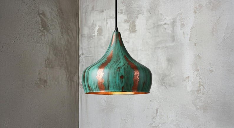 Handcrafted Copper Pendant Light: Green Patina Dome, Moroccan Style