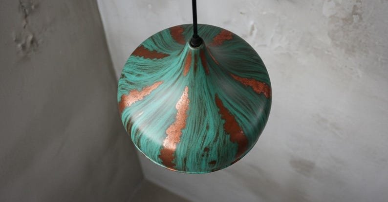 Handcrafted Copper Pendant Light: Green Patina Dome, Moroccan Style