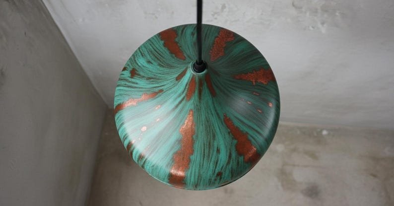 Handcrafted Copper Pendant Light: Green Patina Dome, Moroccan Style