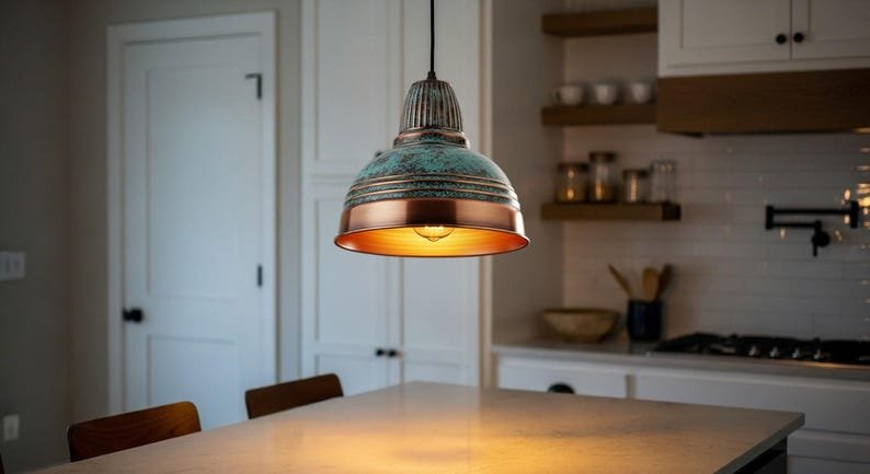 Farmhouse Kitchen Island Lighting, Rustic Ceiling Lamp Shade Unique, Copper Pendant, Handmade Oxidized patina Copper Pendant Light