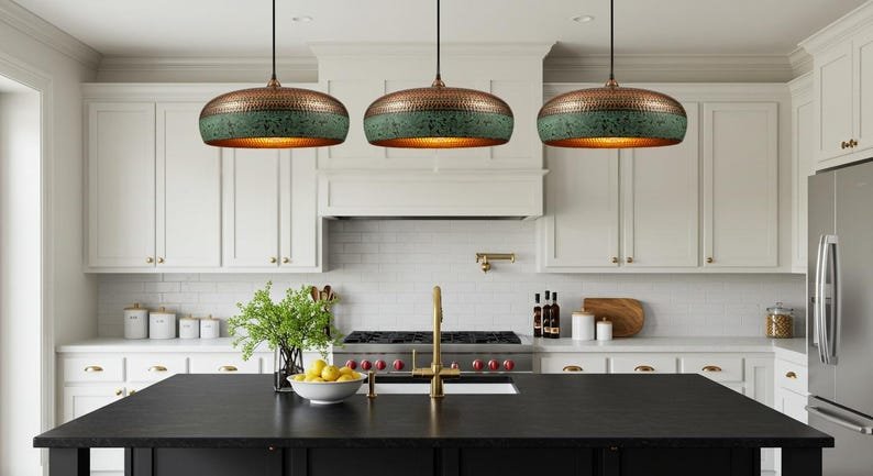 Hammered Copper Pendant Light: Patina Green Moroccan Dome Lamp