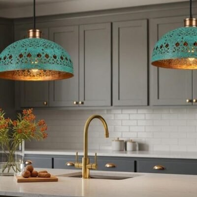 Hand Hammered Moroccan Copper Pendant Light: Green Patina Kitchen Island Lighting