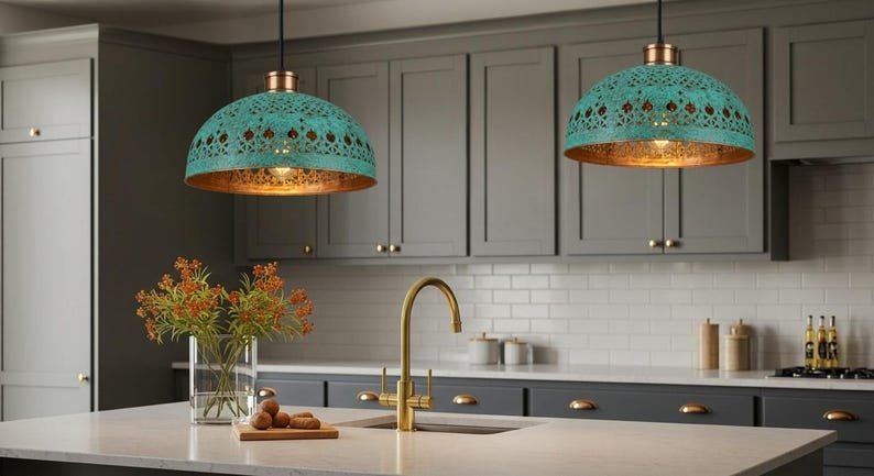 Hand Hammered Moroccan Copper Pendant Light: Green Patina Kitchen Island Lighting