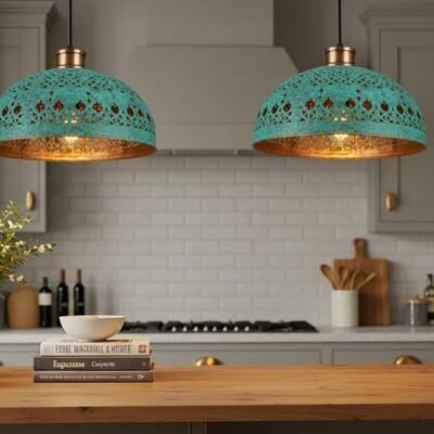 Hand Hammered Moroccan Copper Pendant Light: Green Patina Kitchen Island Lighting