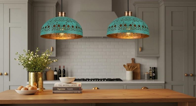 Hand Hammered Moroccan Copper Pendant Light: Green Patina Kitchen Island Lighting
