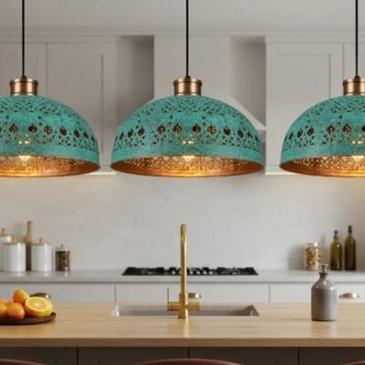 Hand Hammered Moroccan Copper Pendant Light: Green Patina Kitchen Island Lighting