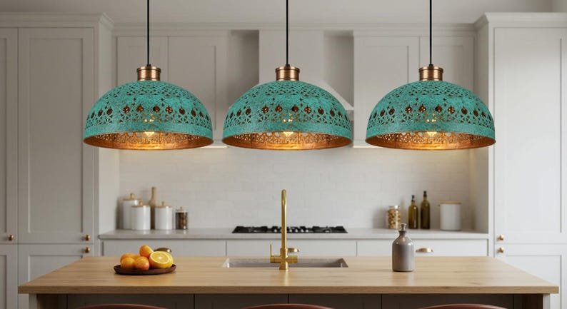 Hand Hammered Moroccan Copper Pendant Light: Green Patina Kitchen Island Lighting
