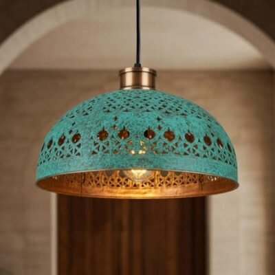 Hand Hammered Moroccan Copper Pendant Light: Green Patina Kitchen Island Lighting