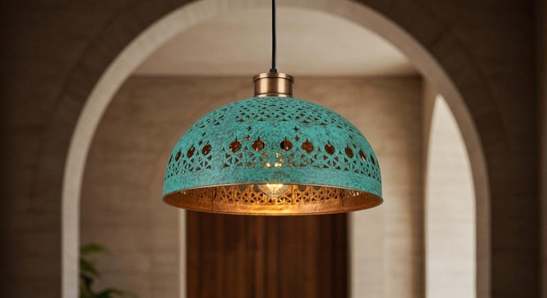 Hand Hammered Moroccan Copper Pendant Light: Green Patina Kitchen Island Lighting