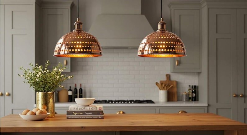 Handmade Moroccan Copper Pendant Light, Perforated Dome Ceiling Lamp